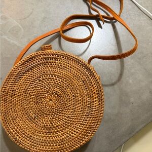 Round Rattan Wicker Crossbody Bag – Lined Interior + Adjustable Leather Strap